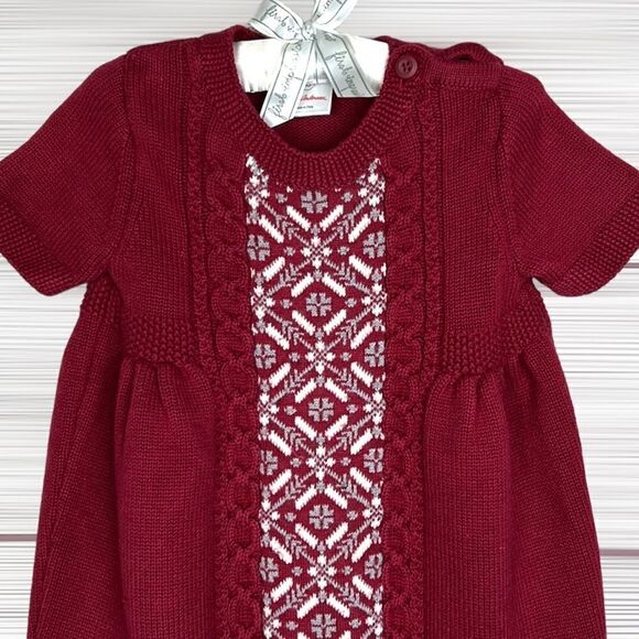 Hanna Andersson Short Sleeve Fair Isle Knit Sweater Burgundy Cotton Wool Dress 2 - Picture 2 of 12